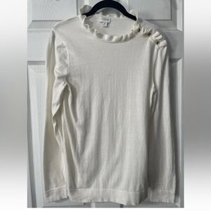 J CREW Womens Size Medium Ivory Ruffle Sweater Button Shoulder Cotton EUC